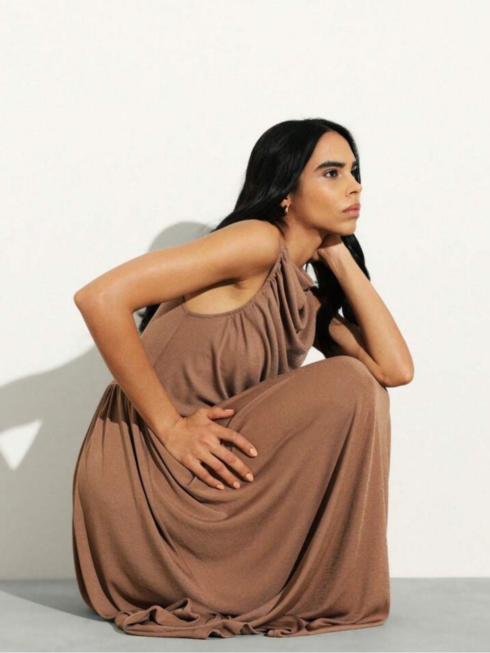 Sleeveless Draped Brown Maxi Dress - Picture 3 of 7